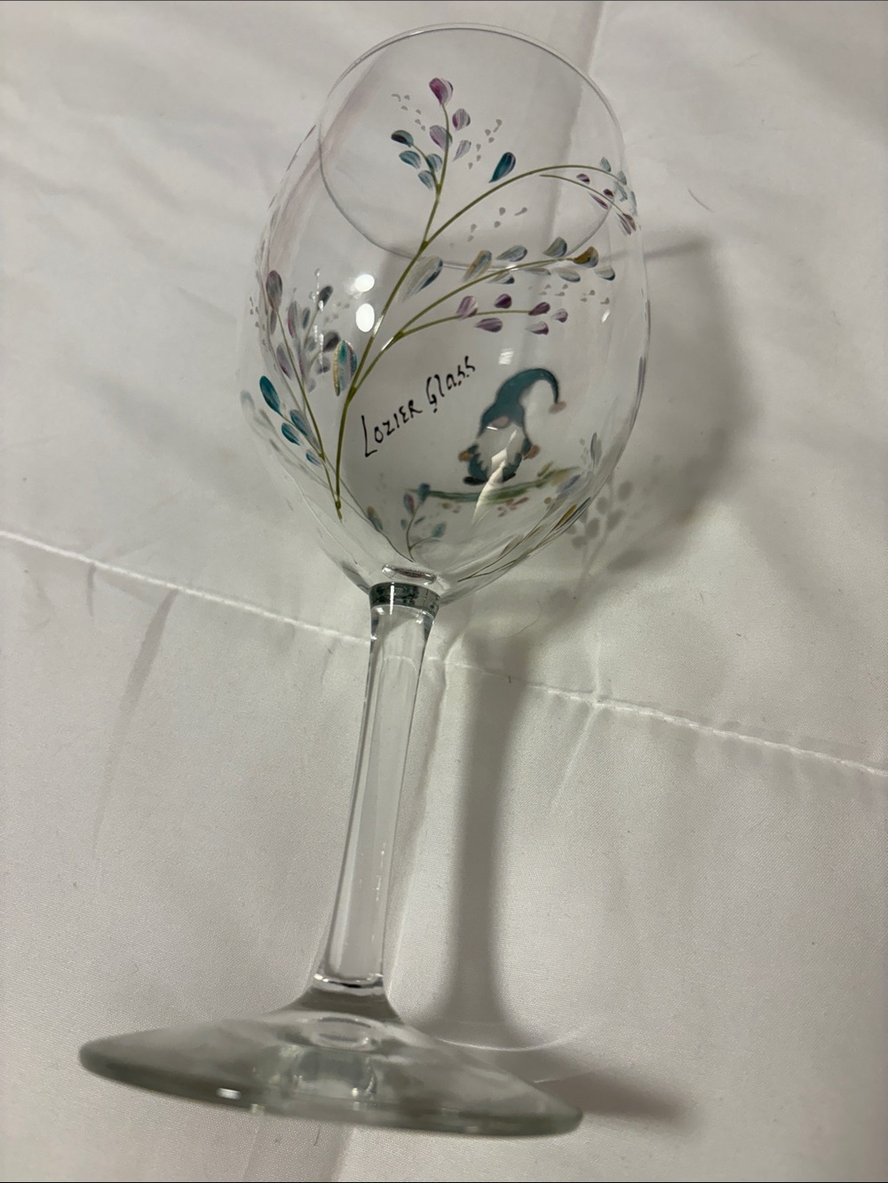 Lozier Glass Hand-Painted Gnome and Floral Wine Glass in Teal & Purple - Picture 2 of 4